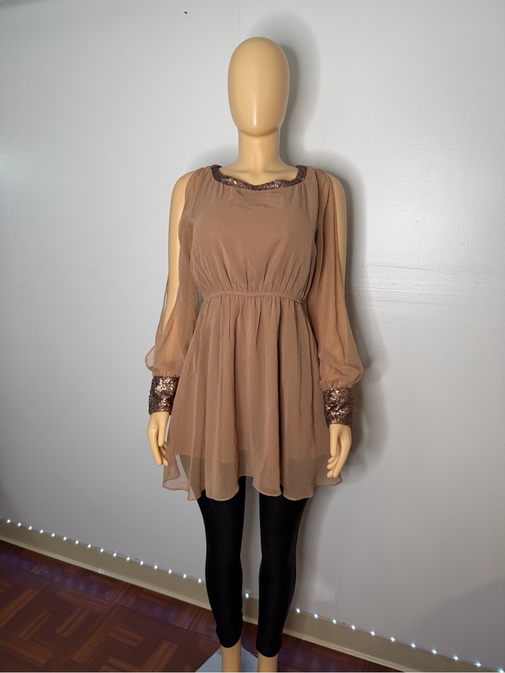 Beige Long-Sleeve Chiffon Mini Dress with Sequin Trim
